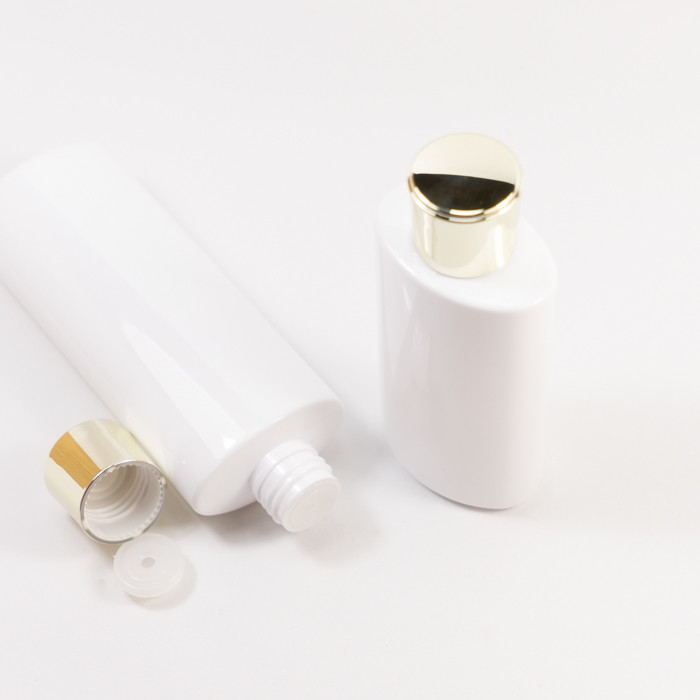 White Round 150ml 200ml Plastic Cosmetic Bottles With Gold Cap