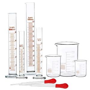 Quality Glass Graduated Cylinder Set 10ml 25ml 50ml 100ml, Thick Glass Beaker Set 50ml 100ml 250ml With 2 Droppers wholesale