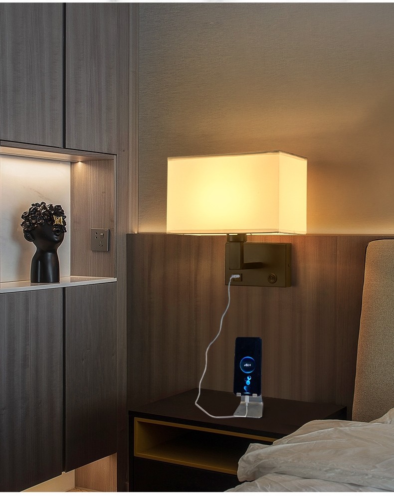Surface mounted hotel wall lamp bedroom indoor fabric shade bedroom bedhead wall light USB bedside wall light