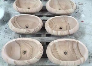 Wooden Vein Stone Sink Bowl , Sandstone Vessel Sinks Water Proof For Landscaping