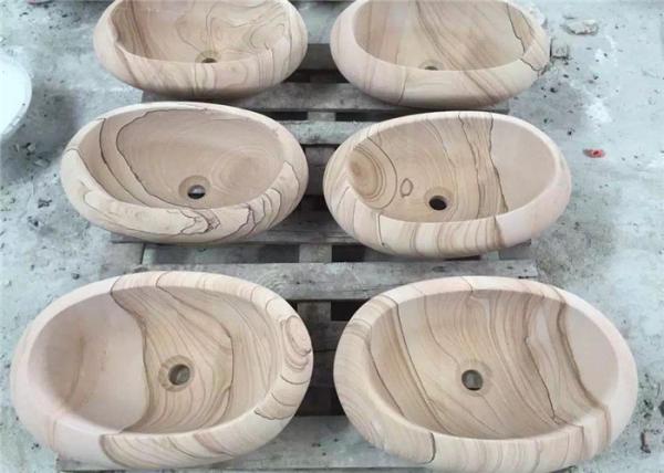 Cheap Wooden Vein Stone Sink Bowl , Sandstone Vessel Sinks Water Proof For Landscaping for sale