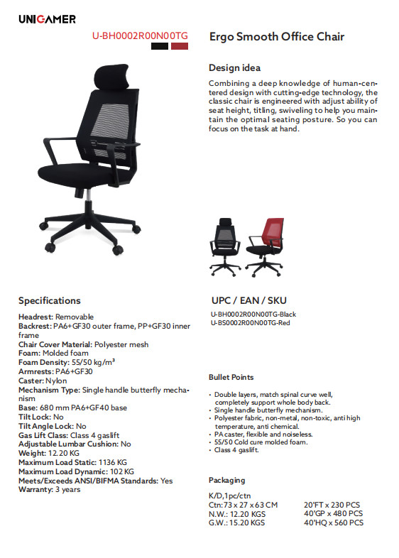 Smooth Ergo Nylon Mesh Office Chair PA6 GF30 Class 4 Gas Spring