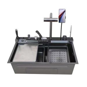 Multifunctional Nano Stainless Steel Gunmetal Kitchen Sink With Pullout Faucet