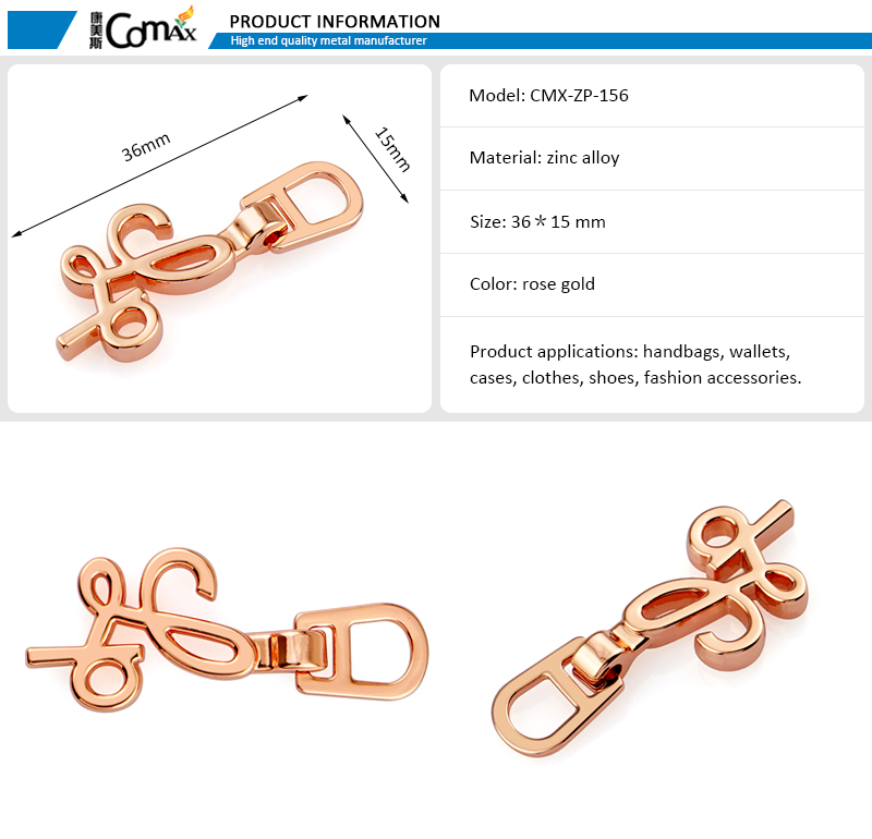 Rose Gold Metal Letters Zipper Puller Zipper Sliders for Clothes Garment Accessories