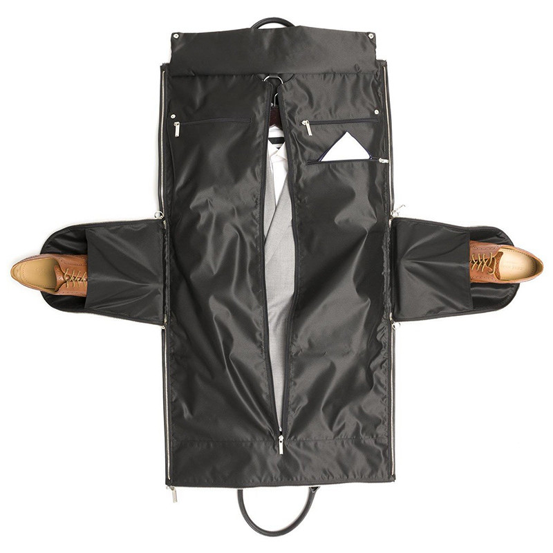 Foldable Black Leather Suit Carrier Weekend Bag , Mens Travel Garment Bag