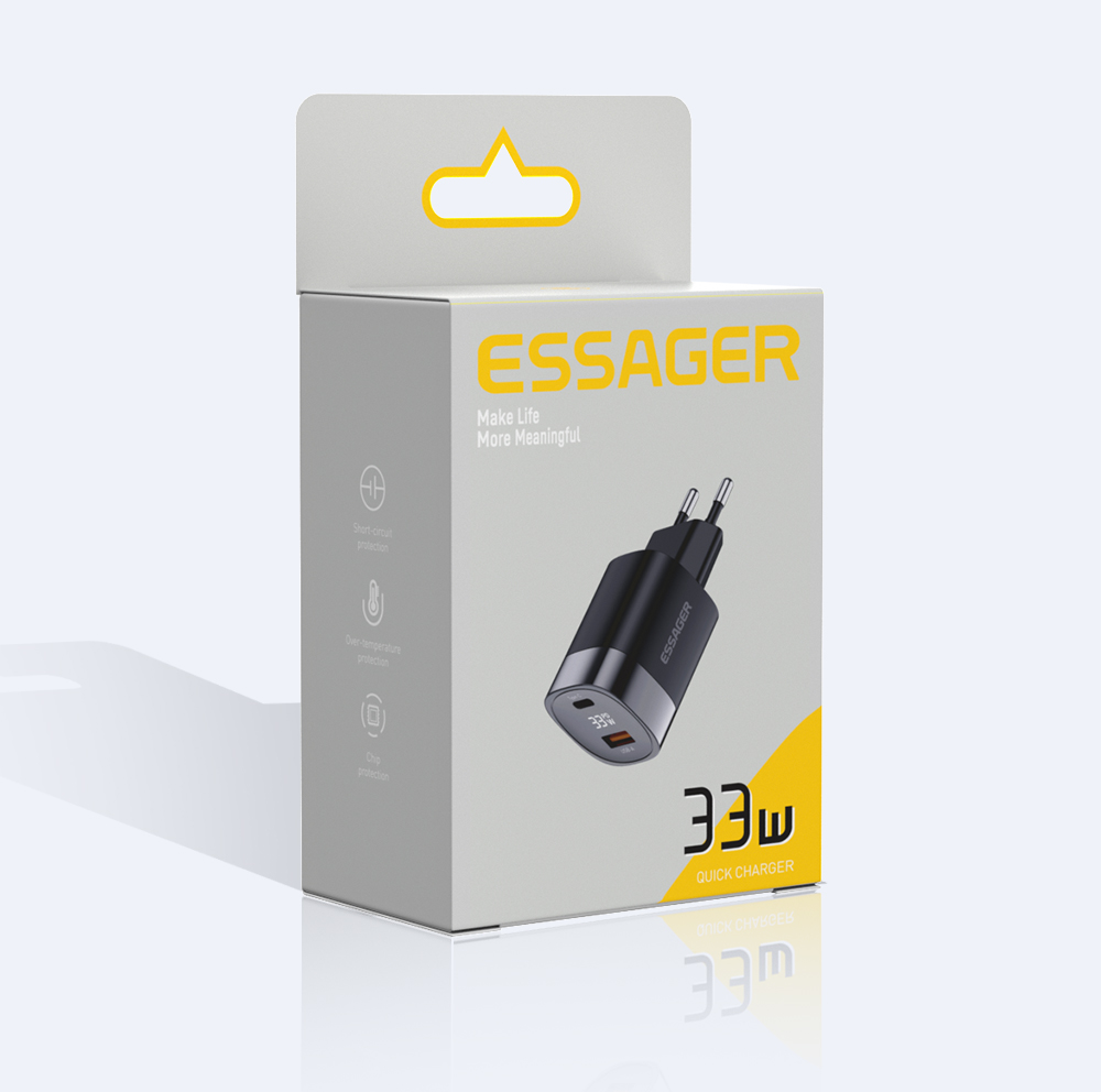GaN EU US UK Port Digital Display Travel Power Phone Charger Fast Charging 33W With Cable