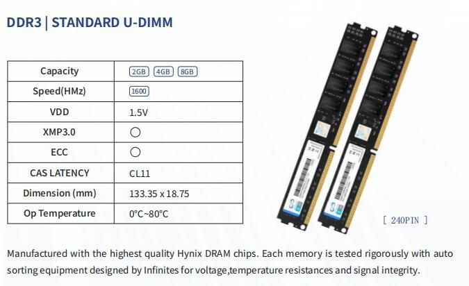 DDR3 240pin 2GB 1600MHz Udimm PC-12800 1.35V Non Ecc Gen 3 Memory Consumer Garde Memory Module