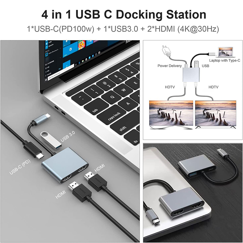 4-in-1 USB C to Dual 4K HDMI MST Adapter for Charging Data Transfer and Video Output