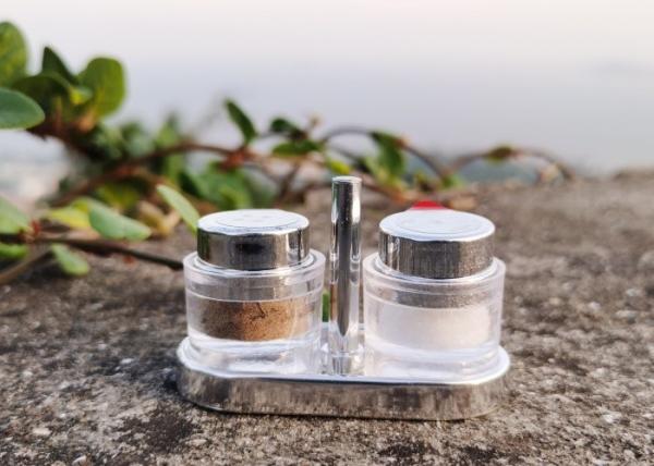 Plastic Disposable Seasoning Shakers Containing Salt and Black Pepper Space