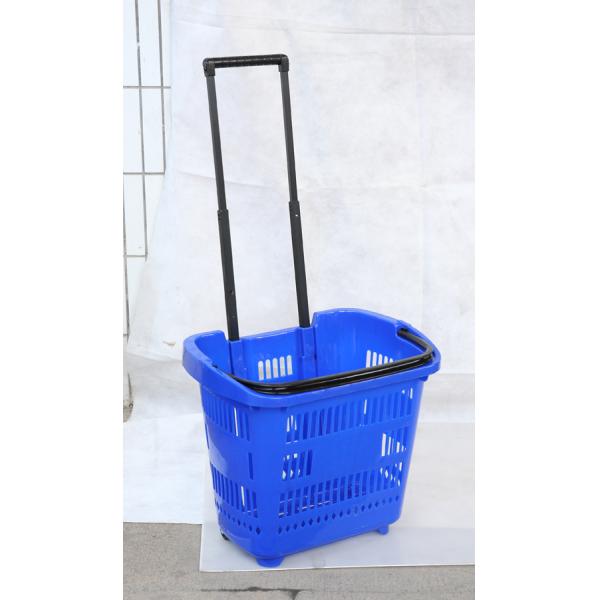 60L Plastic Rolling Shopping Basket HDPP Shopping Basket On Wheels With Pull Handle