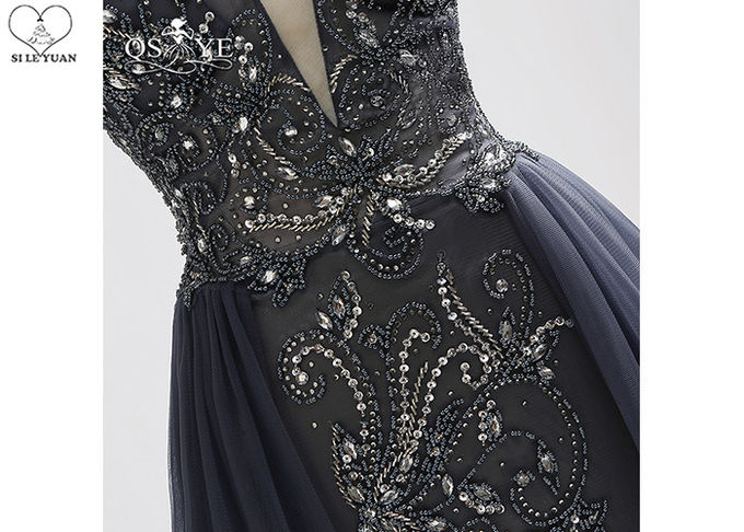 Long Tail A Line Ball Gown Navy Blue V Neck No Arm Backless Heavy Beading Tulle