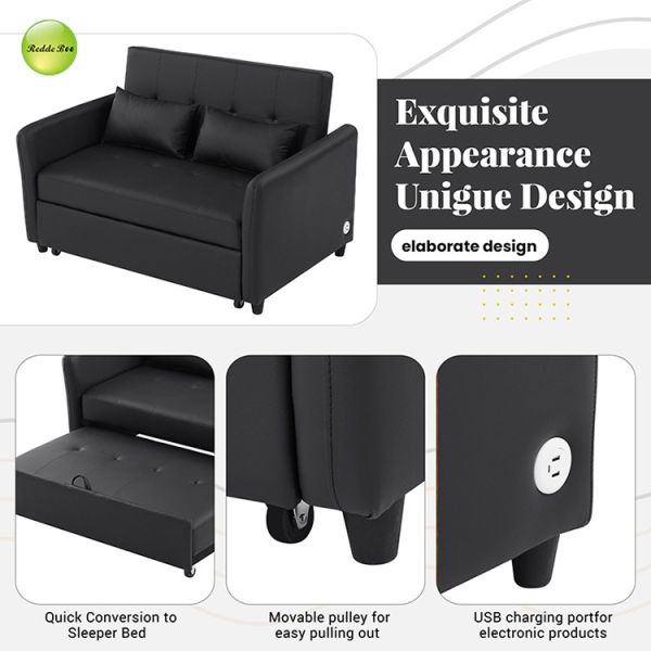 Modern 3-in-1 PU Leather Convertible Sofa Bed with USB Charging Port Space-Saving Pull Out Sofa Bed For Living Room Furniture