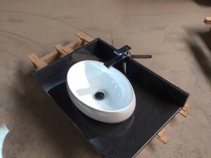 China Prefab Elegant Dark Grey Granite Vanity Tops Hotel Bathroom With Ceramic Sink on sale