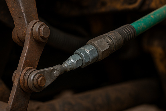 Industrial push-pull cable assembly connected to engine throttle linkage