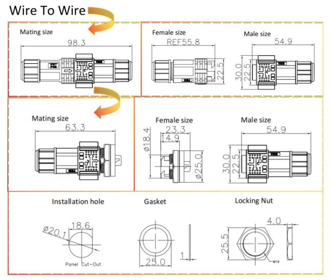 M16 2+4 Pin Waterproof Connector design illustration showing compact structure and pin configuration