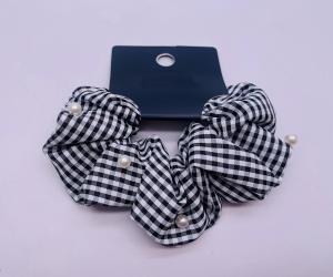 Quality Plaid Rubber Fabric Hair Accessories Scrunchies With White Pearls wholesale