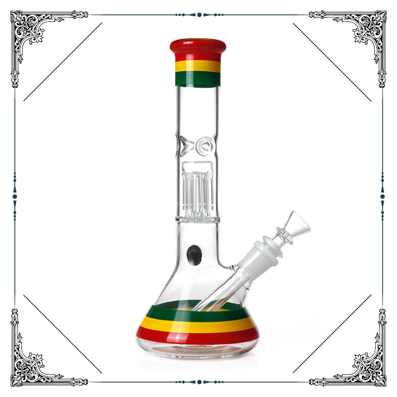 Rasta Color Glass Beaker Bong With Six Arms Percolator Bongs Smoking Water Pipes Glass Hookah