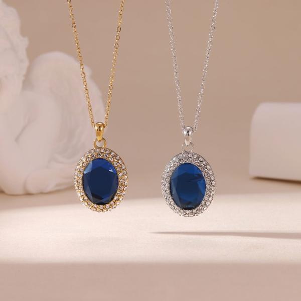 Necklaces for Women Stainless Steel with Big Blue Oval Zircon Stone and Clear Round Gems