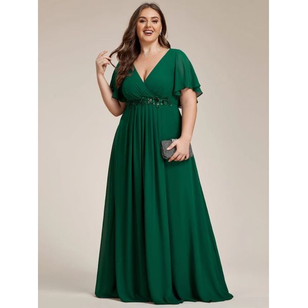 Empire Plus Size Applique Short Sleeve A-line V-neck Flutter Sleeves Invisible Zipper Burgundy Chiffon Homecoming Dress