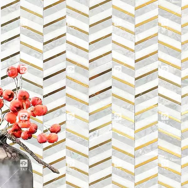 Carrara Marble Mixed Brass Herringbone Mosaic Tile 300x300mm Anti - Slip