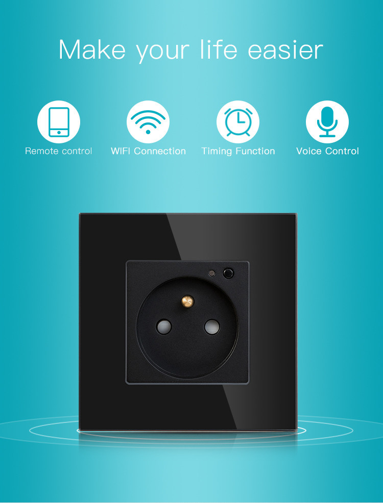 250V 13A Wall Smart Wifi Socket Plug With Single Crystal Glass Frame French Outlet Plug