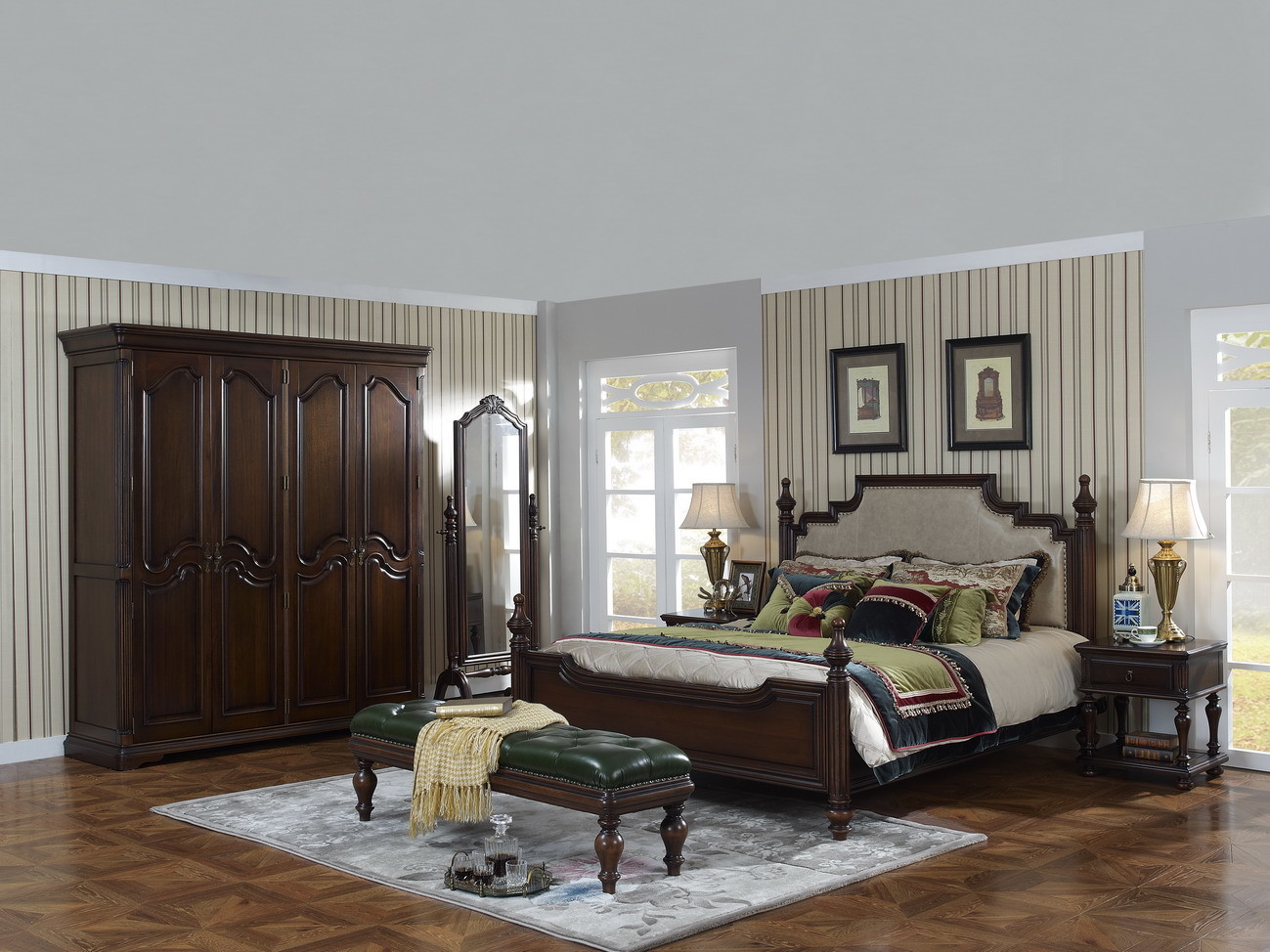 American Antique Living leisure room furniture sets Wooden TV wall unit set by Floor stand and Tall display cabinet