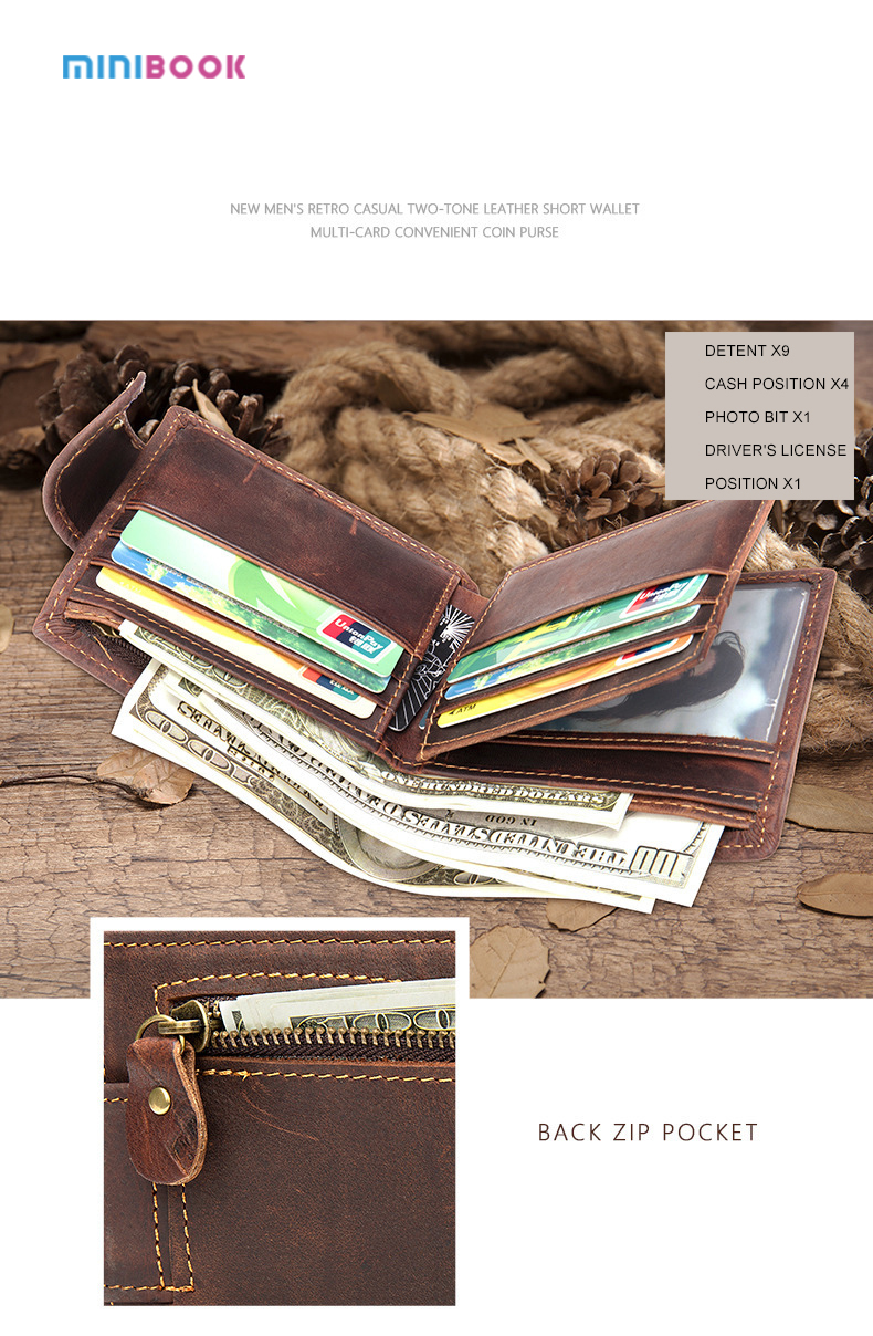Custom Logo Men's Genuine Leather Wallet Short Wallet with Multifunction and Card Holder