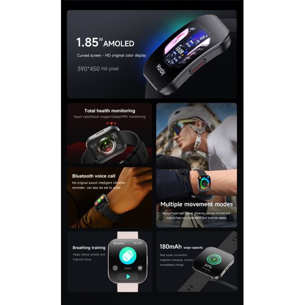 Curved Amoled Smart Watch U17 BT Calling 1.85" Ultra-thin 6.9mm Body Pressure HRV Heart Rate Monitoring Smartwatch