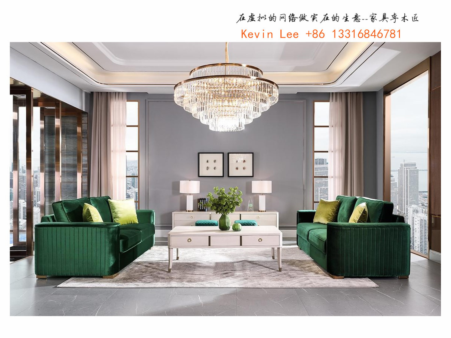 American style Sofa set furniture by fabric upholstered light luxury sofa with Sofa tables and foot ottoman for Villa