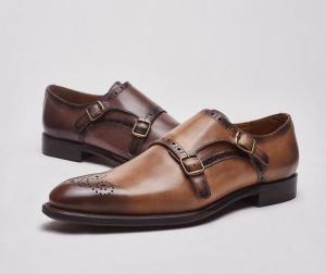 China Italian Genuine Leather Monk Strap Shoes , Leather Loafers For Men In Brogue Detailing on sale