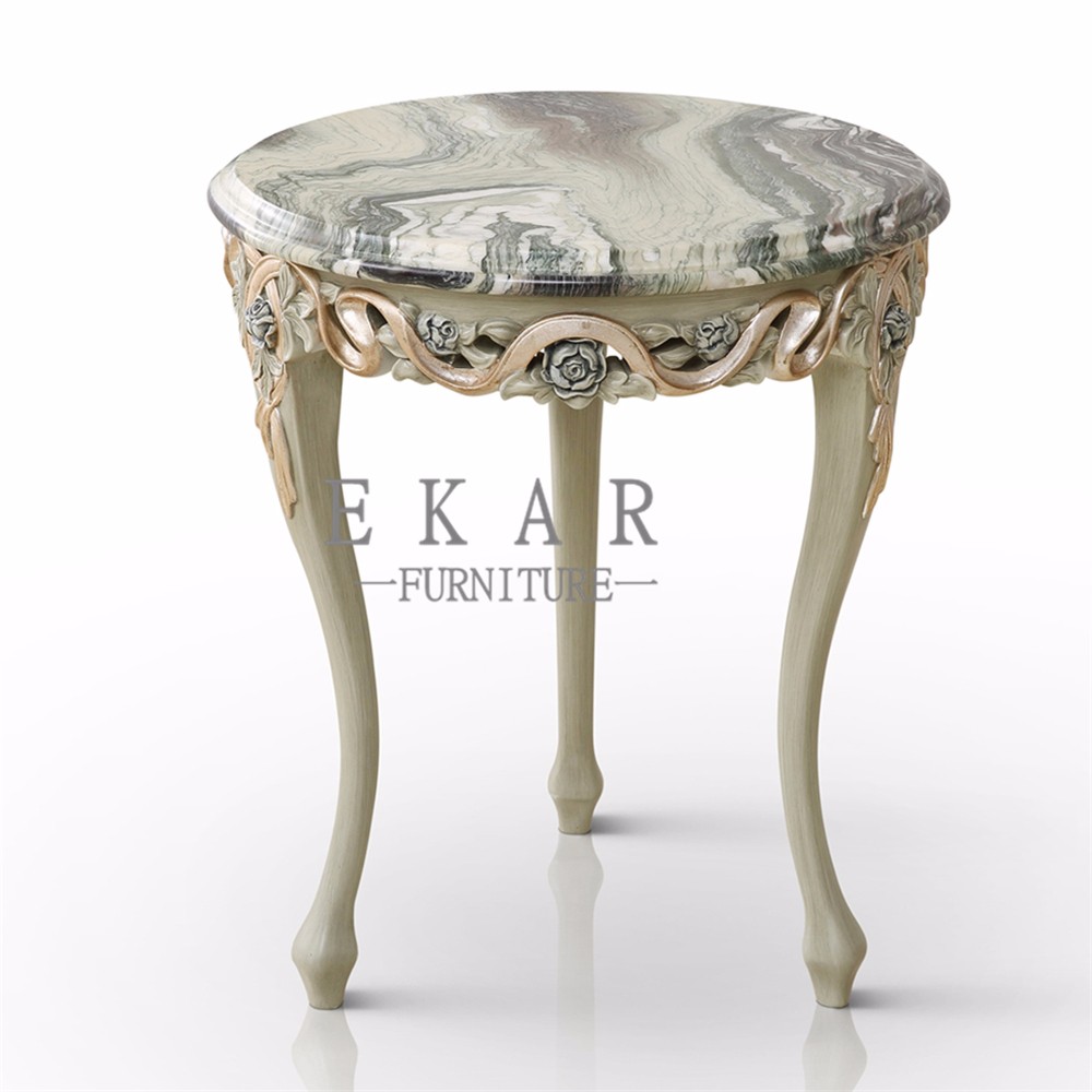 Classic Living Room Carved Gray Round Wooden Side Table