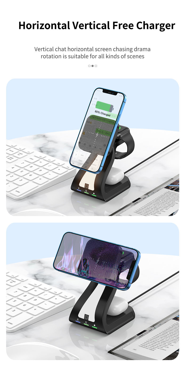 Metal Base 3 In 1 Wireless Charger Magnetic Wireless Charger For iWatch Earphone