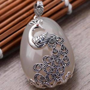 China Sterling Silver Peafowl Style  White Chalcedony Pendant Neclace (041001) on sale