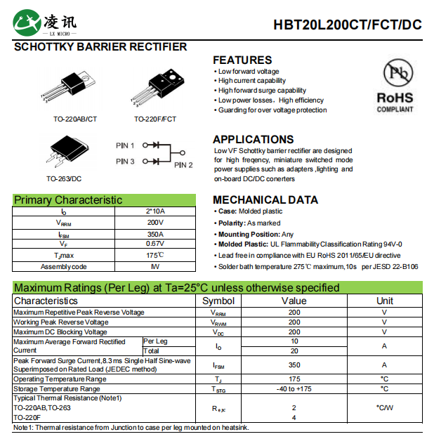 HBT20L200FCT Switching Low Voltage 20A200V Schottky in TO-220F Package
