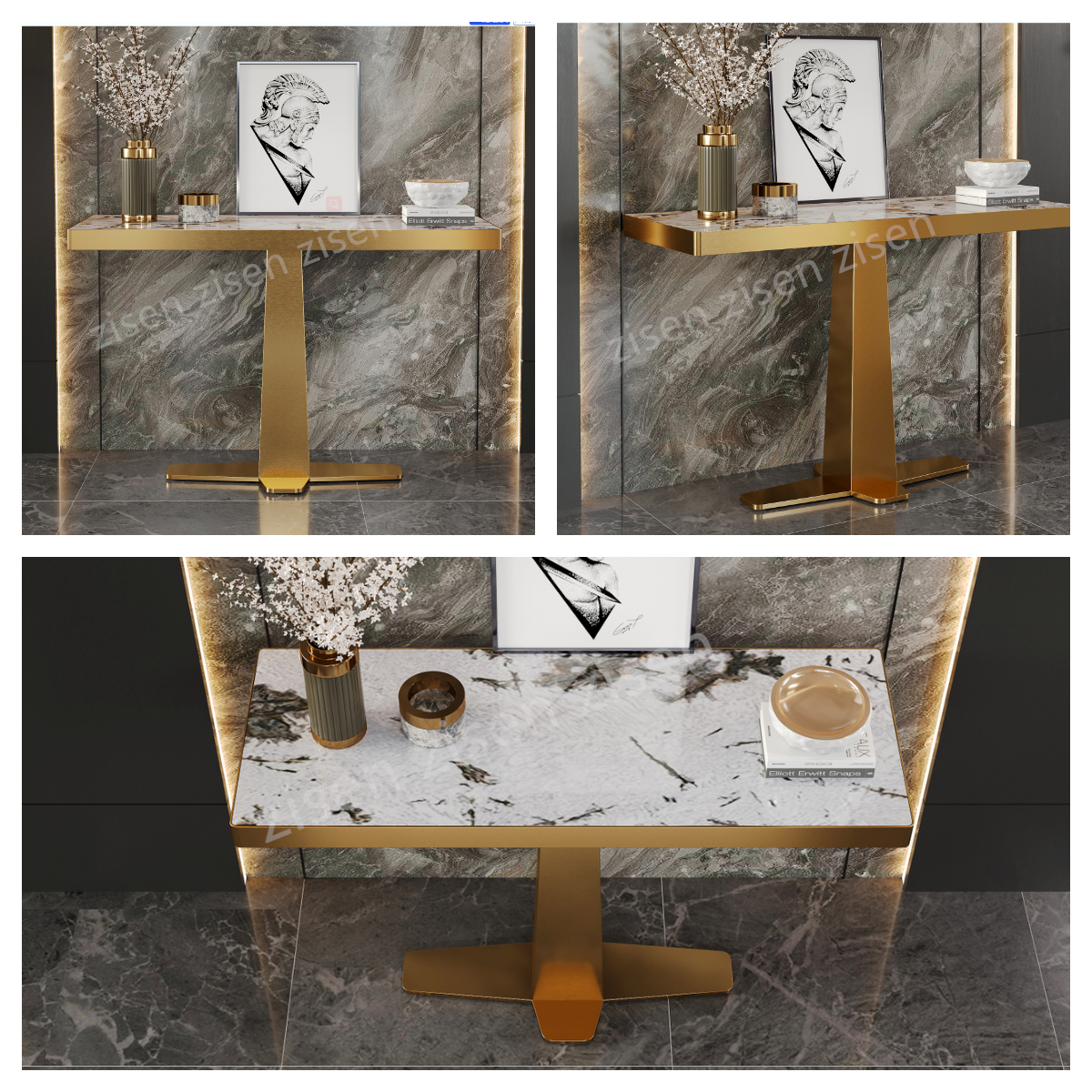Sophisticated Gold Marble Top Console Table 760mm Height Contemporary
