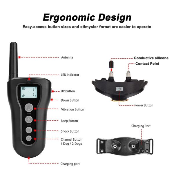 Waterproof Eco-Friendly Fashion Rechargeable Plastic Nylon Dog Training Collar Large Pets 3 Modes Beep Vibration Shock 1000ft