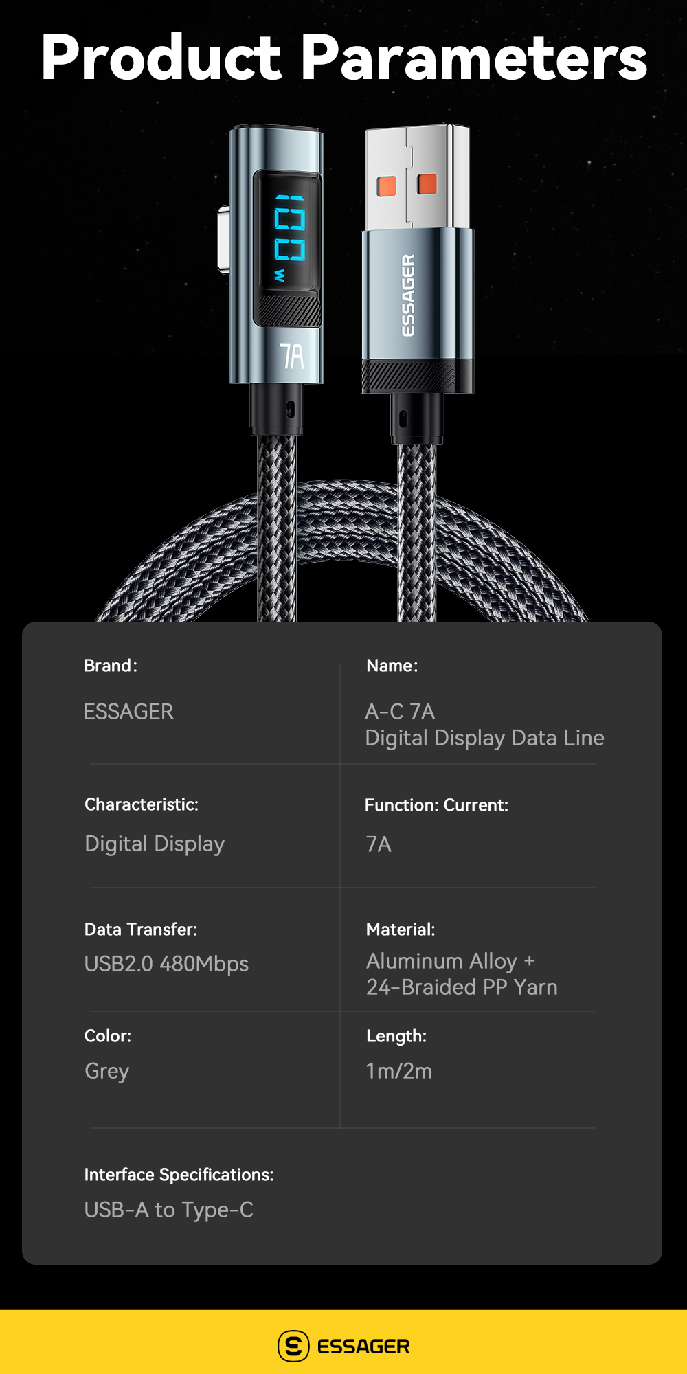ESSAGER ES-X47 Series USB A To C Cable 1m Short 2m Long 100W