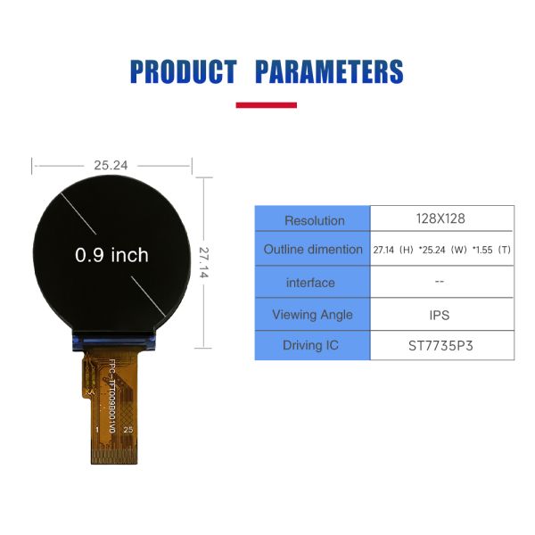 0.9 Inch Round Tft Lcd Display 128x128 Resolution Viewing Direction IPS ST7735