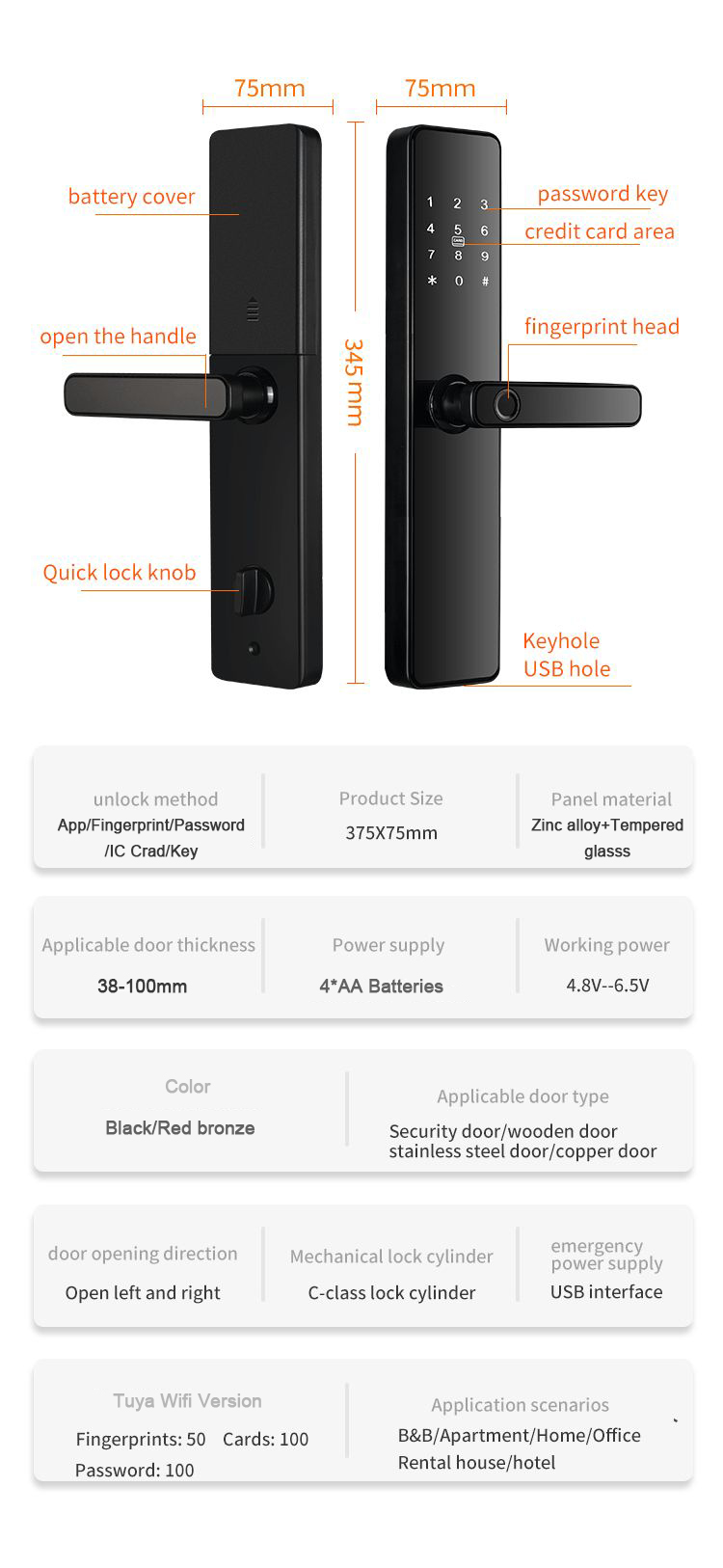 Smart Home Door Lock Zinc Alloy S819 Fingerprint Door Lock 8 Language Tuya Door Lock Wifi TTlock