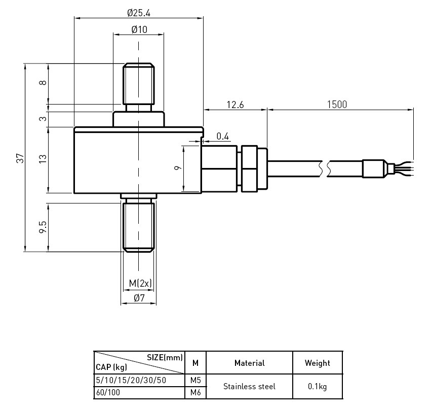 Single Stainless Steel Testing Compressive Load Cell Strain Gauge 10kg 100kg