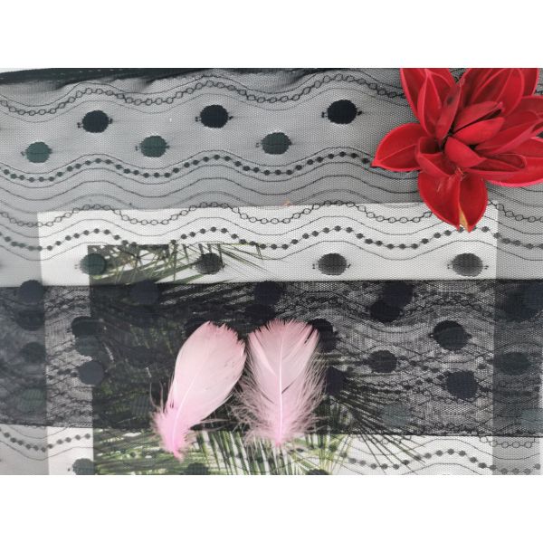 Linear All Over Spot Polyester Lace Trim Black Tulle Mesh