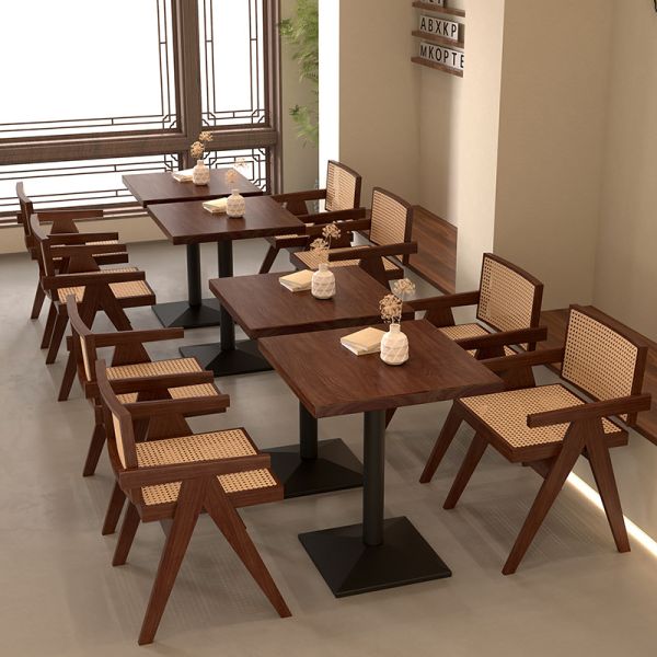 Solid Wood Dining Table Cafeteria Restaurant bar Cafe Commercial Rattan Tables and Chairs