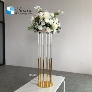 Quality 130CM 6 Pole Unique Flower Stand Acrylic Crystal Gold Glass Table Centerpieces wholesale