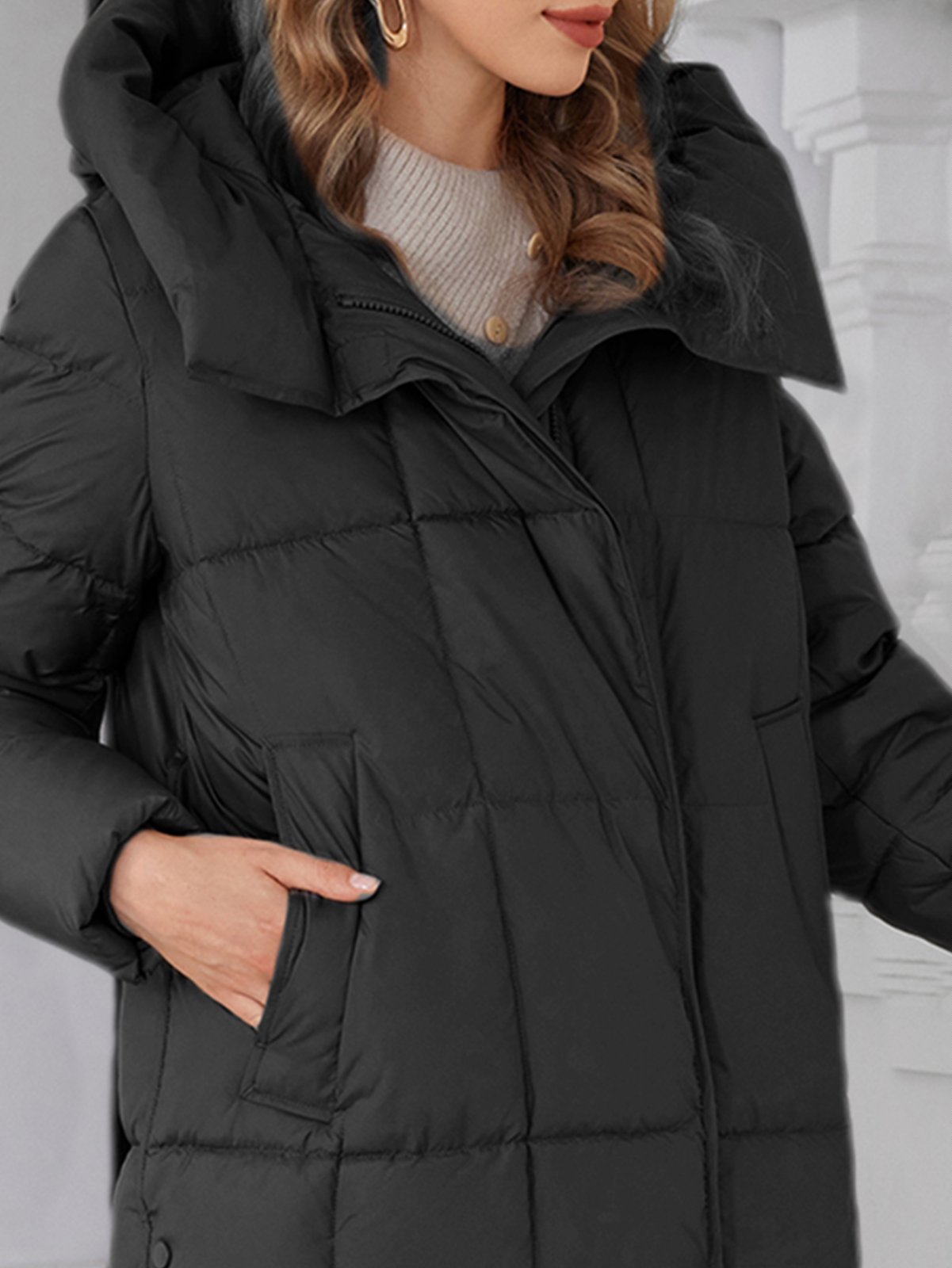 long women jacket, for cold winter coat, hooked, lower knees length, dark colours, Winter Warmth Graphene Self Heating line，