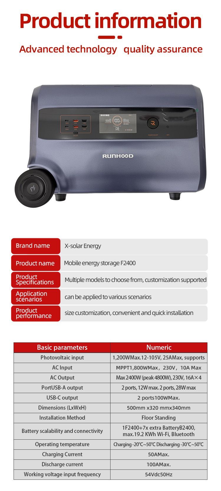 High-Capacity 2400wh LiFePO4 Lithium Lon Battery Portable Solar Energy Storage Power with Bluetooth