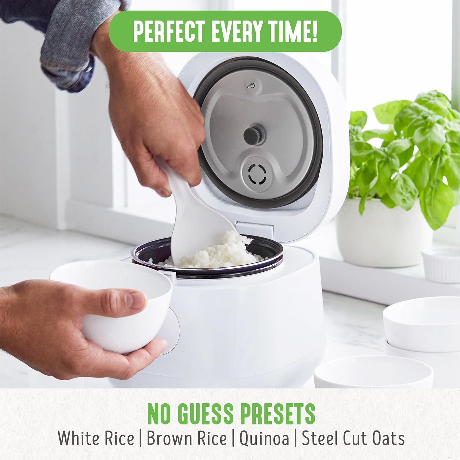 GreenLife PFAS-Free, 4-Cup Rice Oats and Rains Cooker, Healthy Ceramic Nonstick, Easy to Use Automatic Presets, Dishwas