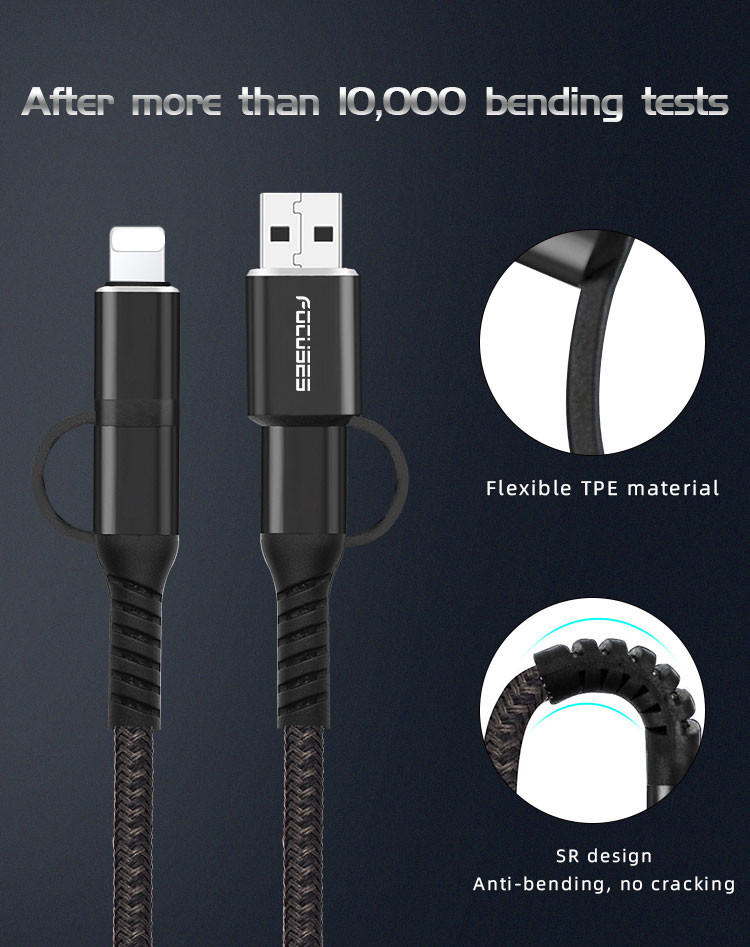 OD3.5mm Tangle Free USB Lightning Cable Type C Micro Cable PD 60W