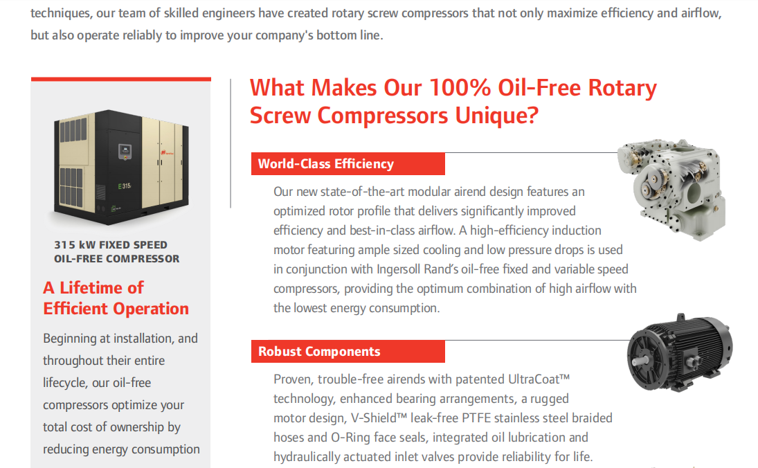 185-355kw E315 Oil-Free Rotary Screw Compressed Air for Ingersoll Rand No Metal Friction