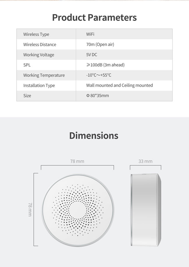 2.4GHz Smart Wifi Alarm Siren 250mA Wall Mounted Ceiling Mounted