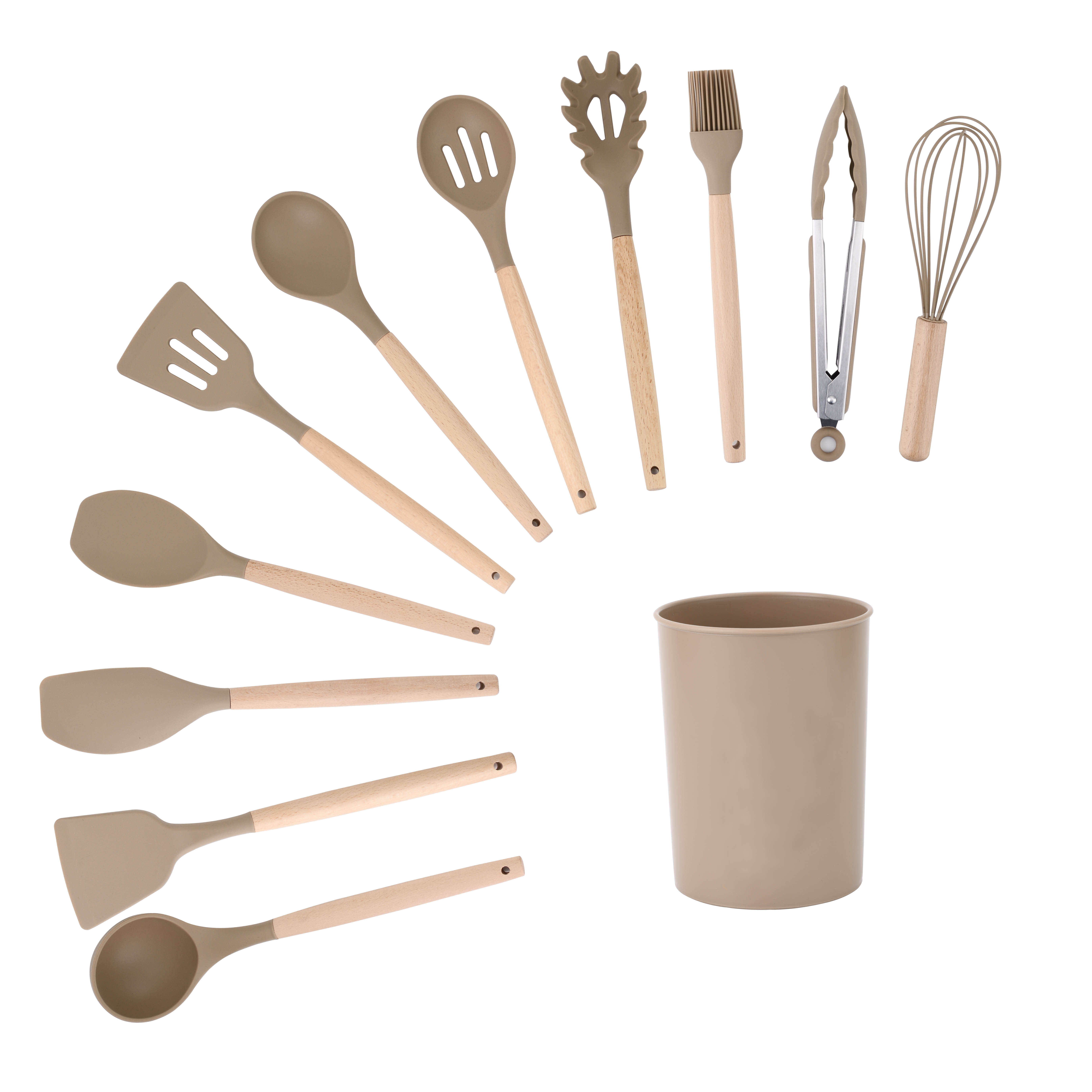 11Pcs Wooden Handle Silicone Kitchen Tools Set for 210 Degree High Temperature Cooking